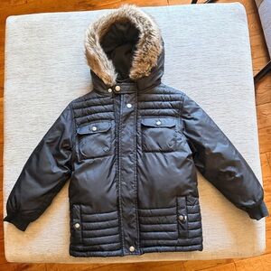 Gymboree Boys Black Hooded Puffer Jacket w/ Faux Fur Trim - sz M (7-8)